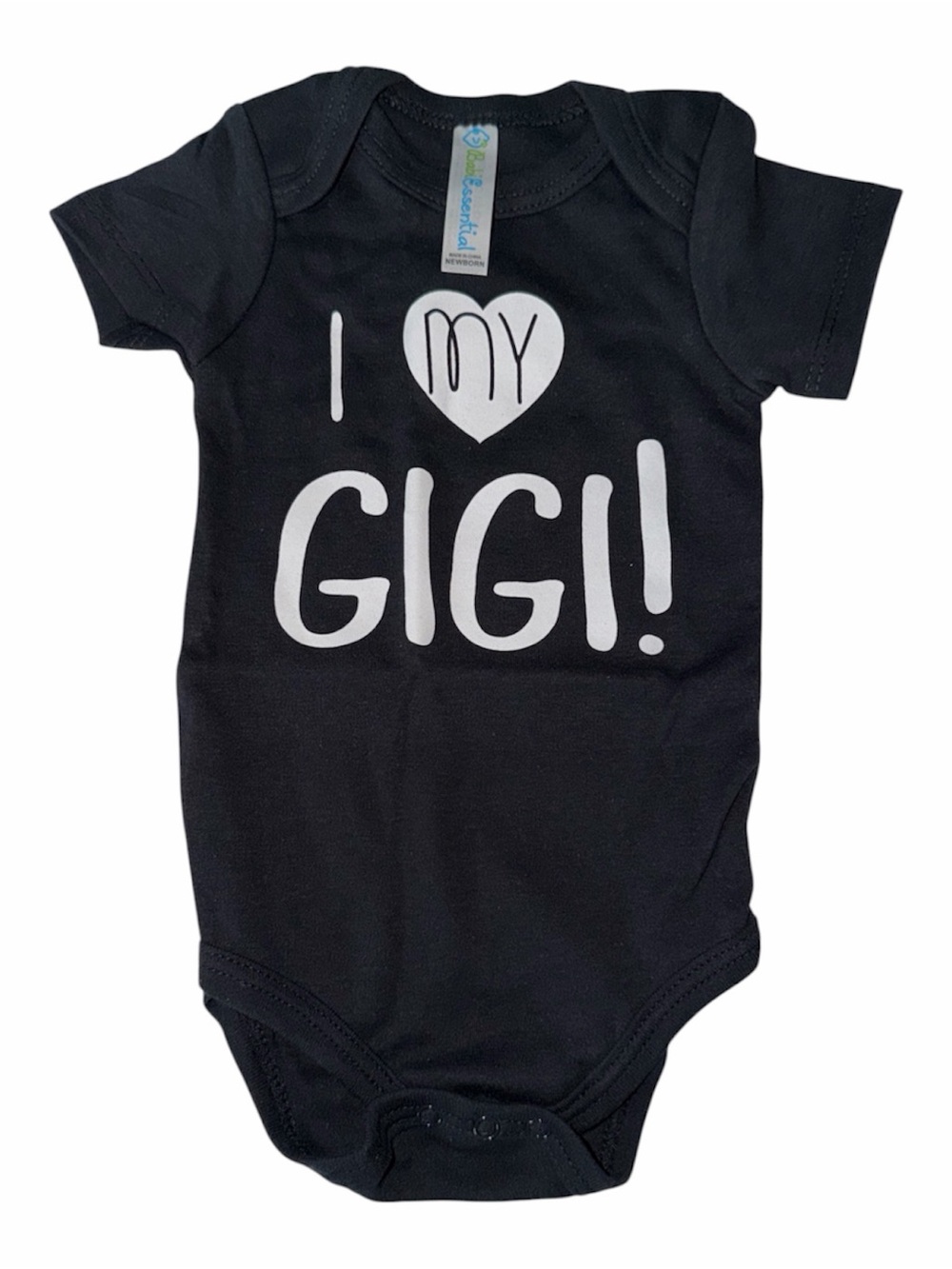 Black Baby  bodysuit “I ♥ My Gigi!" 100% Cotton Short Sleeves Snap bottom
